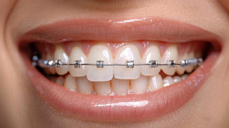 A Cheerful Individual Proudly Displaying Their Teeth, Which Are Adorned With Braces, is Captured Against a Cheerful, Sunny Backdrop. This Scene Was Created Using Generative AI Technologyの素材