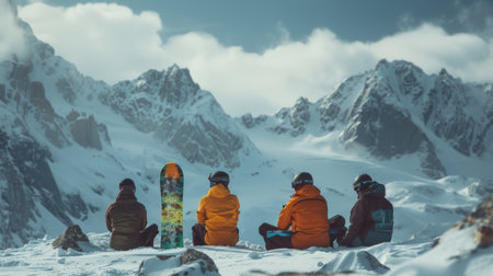 Group of Snowboarders Enjoying the View of Snowy Mountains During a Sunny Day in Winter. Generative AIの素材