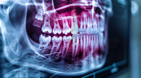 Dental X Ray Displaying Teeth Structures and Abnormalities in a Clinical Setting During a Routine Examination. Generative AIの素材
