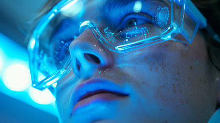 Close up View of a Person Wearing Futuristic Glasses With Blue Light Reflecting on the Face in a High Tech Environment During a Late Night Session. Generative AIの素材