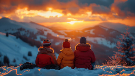 Friends Enjoying a Sunset View Over Snowy Mountains While Seated Together in Warm Jackets During Winter. Generative AIの素材