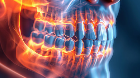 Stunning Illustration of a Human Skull Showcasing Vibrant Colors and Intricate Details of Teeth and Jaw Structure, Emphasizing Anatomy in a Creative Manner. Generative AIの素材