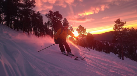 Skiing at Sunset on a Snowy Mountain With Vibrant Colors Illuminating the Sky and Trees. Generative AIの素材