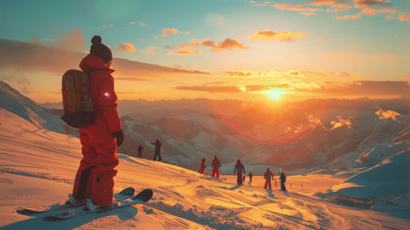 Skier Admiring Sunset Over Snow Covered Mountains While Fellow Snowboarders Descend the Slope on a Chilly Evening in a Ski Resort. Generative AIの素材