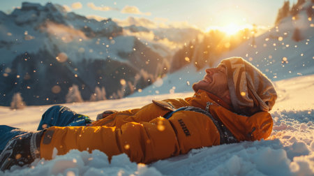 Man Wearing Bright Jacket Enjoys Snow Covered Mountain Landscape During Sunset in Winter. Generative AIの素材