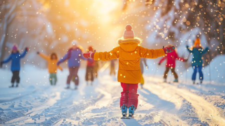 Children Enjoy a Playful Winter Day in a Snowy Landscape During Golden Hour With Sunlight Filtering Through Trees. Generative AIの素材