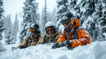 Friends Enjoying a Snowy Day While Snowboarding in a Beautiful Winter Landscape Surrounded by Tall Pine Trees in a Remote Mountain Area. Generative AIの素材