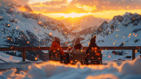 Friends Gather at a Mountain Overlook to Enjoy a Sunset While Snowflakes Gently Fall During a Winter Evening in the Wilderness. Generative AIの素材
