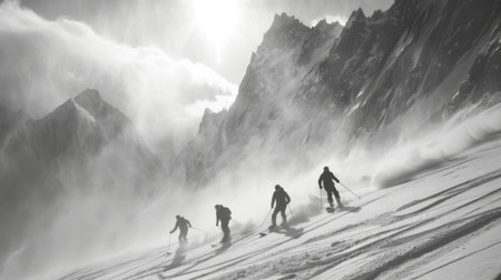 Skiers Navigate Challenging Terrain During a Snowy Day in the Mountains Under a Dramatic Sky With Peaks Looming in the Background. Generative AIの素材