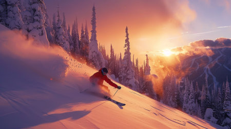 Skiing Down a Snow Covered Slope at Sunset With Vibrant Colors and Breathtaking Mountain Views in Winter Scenery. Generative AIの素材