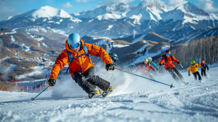 Skiers Carve Through Fresh Powder on a Sunny Mountain Slope With Majestic Peaks in the Background. Generative AIの素材