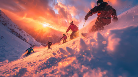 Snowboarders Carve Through Fresh Powder as the Sun Sets Behind Snow Capped Mountains in a Vibrant Winter Sky. Generative AIの素材