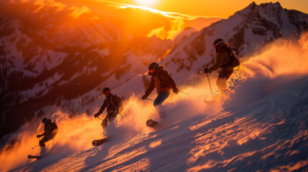 Snowboarders Navigate Fresh Powder at Sunset in the Mountains, Creating a Stunning Display of Skill and Beauty Against a Vibrant Sky. Generative AIの素材