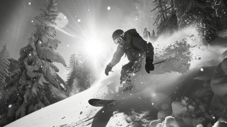 A Skier Gracefully Carves Through Pristine Fresh Snow in the Stunning Mountains While Enjoying a Sunny Winter Day. Generative AIの素材