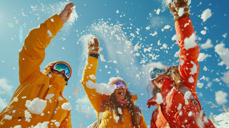 Friends Enjoying a Lively Snowball Fight in a Winter Wonderland Under a Clear Blue Sky During a Sunny Day in the Mountains. Generative AIの素材