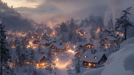 Charming Winter Village Illuminated by Soft Lights in a Snowy Landscape During Twilight Hours in a Serene Mountainous Area. Generative AIの素材