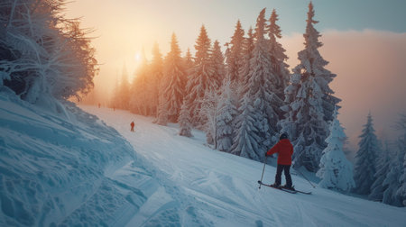 Snow covered Landscape at Sunset With Skiers Enjoying Winter Sports in a Serene Forest Setting. Generative AIの素材