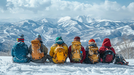 Group of Six Hikers Enjoying a Breathtaking Snowy Mountain View on a Bright Winter Day in a Remote Outdoor Location. Generative AIの素材
