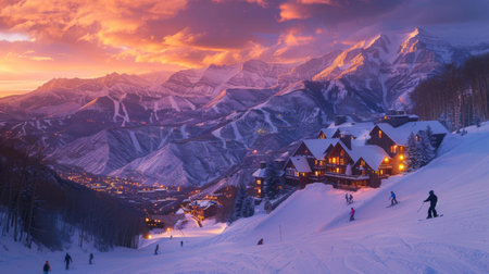 Winter Sunset Casts a Warm Glow Over a Ski Resort Nestled in the Mountains as Visitors Enjoy the Slopes on a Clear Evening. Generative AIの素材