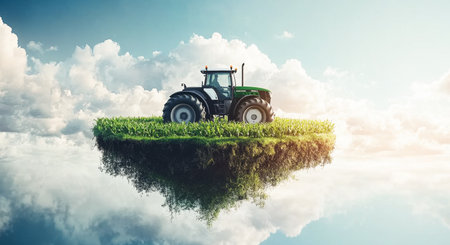 Smart tractor on a floating island in vibrant fields under a bright sky. Generative AIの素材