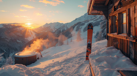 Warm Hot Tub Awaits in the Snowy Mountains as Sunset Illuminates the Breathtaking Landscape With Golden Light. Generative AIの素材