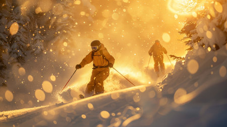 Skiers Enjoy a Winter Adventure Through a Snow Covered Forest at Sunset Creating a Magical Glow in the Evening Sky. Generative AIの素材