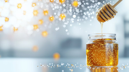 Golden organic honey dripping from a wooden dipper into a jar. Generative AIの素材