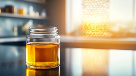 Organic honey in glass jar on countertop in beekeeping workshop during sunny day. Generative AIの素材