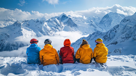 Friends Enjoy Breathtaking Mountain View While Sitting on Snowy Peaks During Sunny Winter Day in Alpine Region. Generative AIの素材