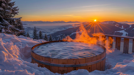 Relaxing in a Hot Tub While Watching the Sunset Over Snow Covered Mountains in a Serene Winter Landscape. Generative AIの素材