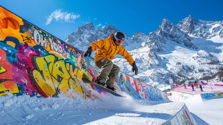 Snowboarder Performing Tricks on a Colorful Rail in a Snowy Mountain Landscape With Vibrant Graffiti Art and Clear Blue Sky. Generative AIの素材