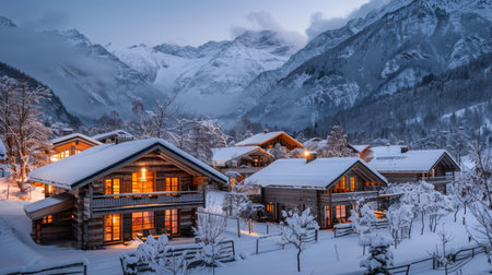 Charming Wooden Chalets Lit Warmly Against a Snowy Mountainous Backdrop at Twilight in a Winter Wonderland Setting. Generative AIの素材