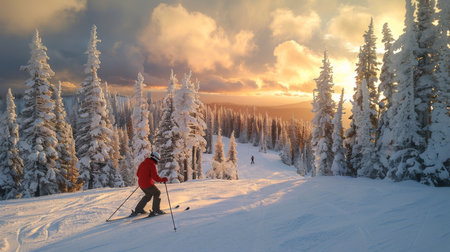 Skiing Down a Snowy Mountain Trail During a Breathtaking Sunset in a Winter Wonderland. Generative AIの素材