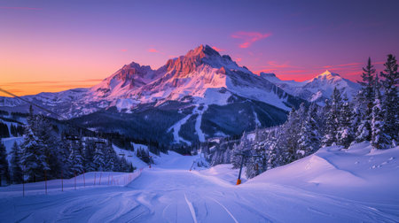 Majestic Mountain Landscape at Sunset Showcasing the Serene Beauty of Winter in a Snowy Ski Resort. Generative AIの素材