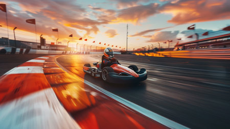 Exciting Go Kart Racing at Sunset on a Vibrant Track Filled With Colorful Flags and Speeding Vehicles. Generative AIの素材