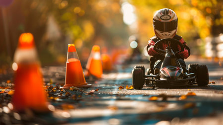Young Racer Navigates an Autumn Karting Track Surrounded by Orange Cones, Enjoying a Sunny Day in a Vibrant Outdoor Setting. Generative AIの素材