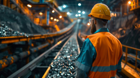 Worker Inspects Metal Recycling Facility During Daytime Shift in Urban Industrial Area. Generative AIの素材