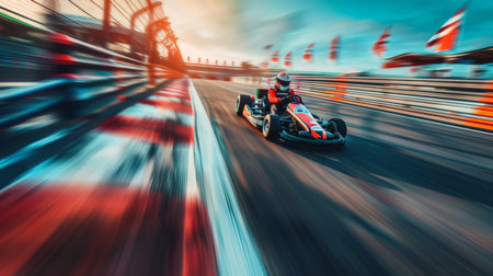 High speed Kart Racing on a Vibrant Track During Daytime With Colorful Flags Fluttering in the Breeze. Generative AIの素材