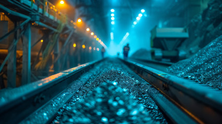 Industrial Setting With Blue Lighting Highlighting Metal Tracks and Piles of Materials at a Facility During Evening Hours. Generative AIの素材