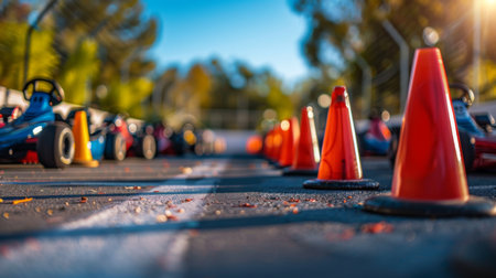 Go kart Racing Track Featuring Colorful Cones and Parked Go Karts During a Sunny Afternoon. Generative AIの素材