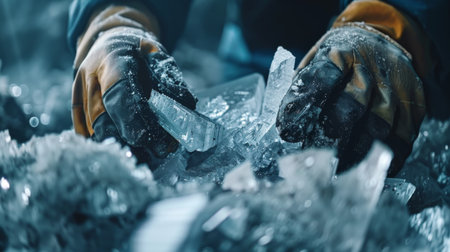 Workers Carefully Extracting Ice Crystals in a Cold Environment During the Winter Season. Generative AIの素材