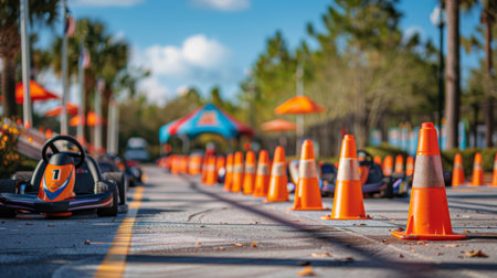 Exciting Go Kart Racing Experience at a Vibrant Outdoor Track With Colorful Cones in Sunny Weather. Generative AIの素材