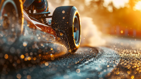 Racing Kart Drifts on Wet Track at Sunset With Spray of Water Creating a Dynamic and Colorful Display. Generative AIの素材