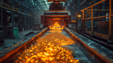 Molten Metal Flows Through Conveyor System in Industrial Foundry During Nighttime Operations. Generative AIの素材