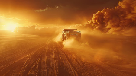 Heavy Machinery Navigates Through a Powerful Dust Storm at Sunset in an Arid Landscape Showcasing the Challenges of Outdoor Work. Generative AIの素材
