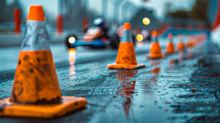 Rain soaked Kart Racing Track With Traffic Cones Lined up During a Day of Competitive Racing in a Scenic Outdoor Location. Generative AIの素材