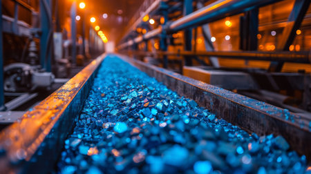 Colorful Minerals on a Conveyor Belt in a Dimly Lit Factory at Night Showcasing Industrial Processes and Materials Transportation. Generative AIの素材