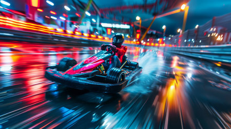 Exciting Go Kart Racing Experience on a Vibrant, Illuminated Track at Night in a Bustling Urban Environment. Generative AIの素材