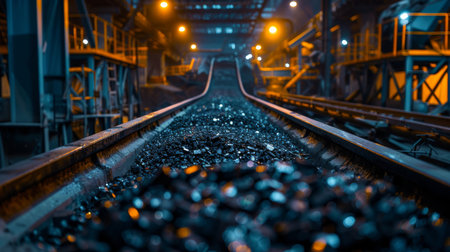 Coal Transportation Through a Dimly Lit Industrial Facility at Night Showcasing Rail Tracks and Piles of Coal. Generative AIの素材