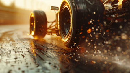 Racing Car Speeds Through Wet Track at Sunset With Reflections and Splashes Creating Dynamic Visual Impact. Generative AIの素材